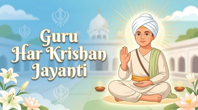 Guru har krishan jayanti celebration illustration with young sikh guru sitting in peaceful meditation