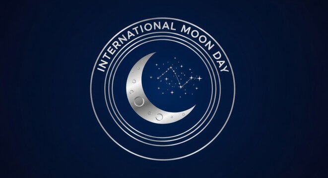 International Moon Day Round Emblem with Crescent Moon and Stars on Blue Gradient