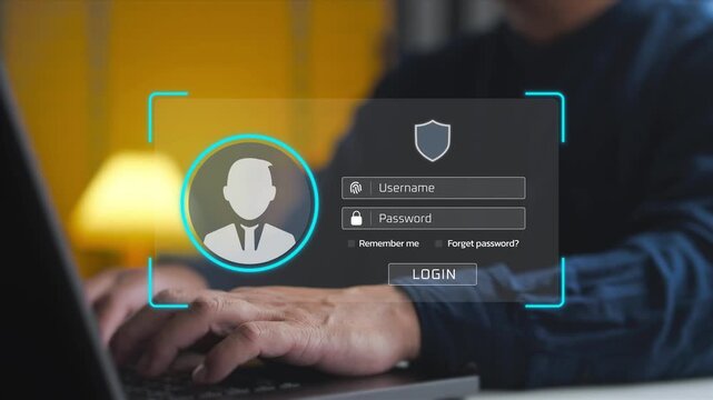 Business administrator entering credentials on a secure digital login interface. Concept of personal account authentication, cyber identity verification, and data privacy access control.
