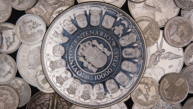 Spanish silver coins, centenario pesetas, numismatics collection