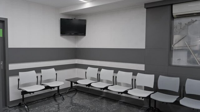 A clean and minimalist empty medical clinic waiting area featuring rows of white chairs, a wallmounted television, and professional grey and white decor.