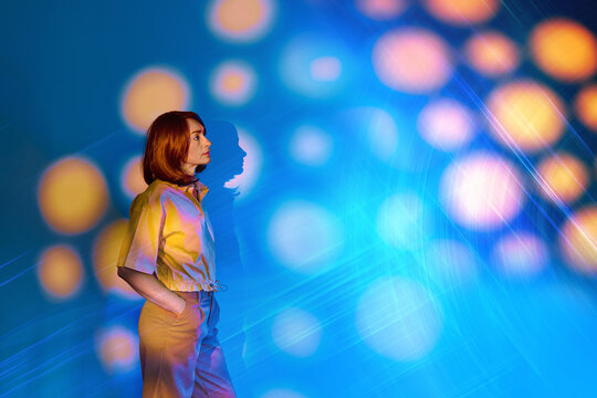 Woman explores surreal augmented reality concept indoors