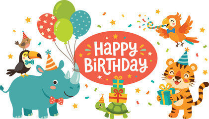 Cute tropical safari animals happy birthday banner vector illustration featuring cartoon tiger, rhinoceros, turtle, toucan, and parrot with balloons and gifts isolated on white background. © Rumi