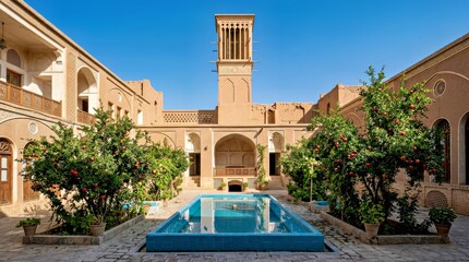 Fototapeta premium Traditional Courtyard With Fountain and Orange Trees