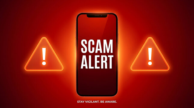 Smartphone screen s c a m a l e r t with warning triangles on red background display scam 1 alert