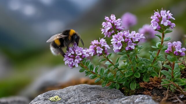 Bumblebee collects nectar from wild thyme among alpine rocks with mountains in the background