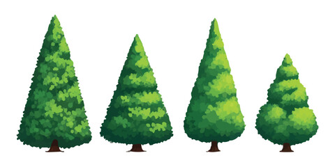 Set of four green coniferous evergreen trees in a simple flat cartoon illustration style © Sharmin