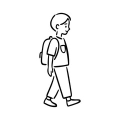 Regreso a las clases. Dibujo sencillo con líneas de un niño de primaria caminando con mochila, visto de perfil © teracreonte