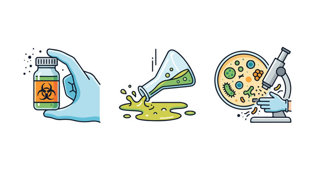 Scientific laboratory research icons, microbiology experiment with microscope and petri dish, biohazard chemical spill and toxic waste vector set