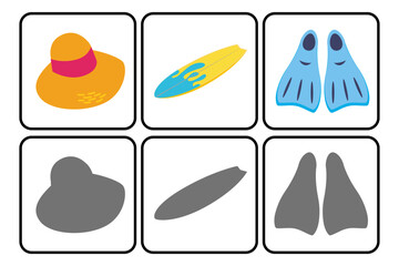 Educational matching game with summer vacation items and silhouettes vacation matching children learning silhouette surfboard flippers © stockpixelstudio