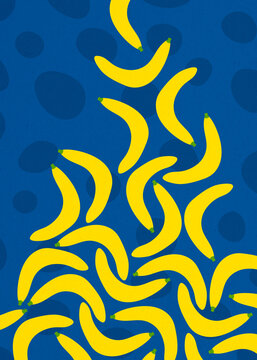 Illustration of falling yellow bananas on blue
