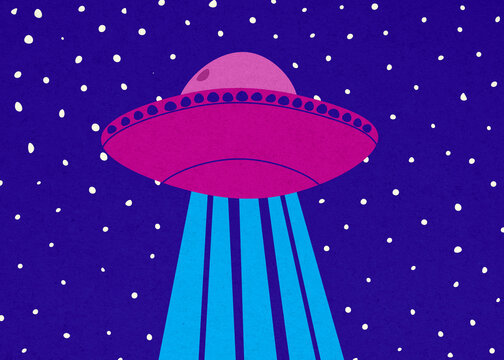A pink ufo emits a blue light beam in the starry night sky