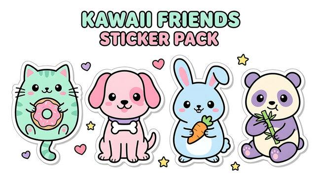 Kawaii friends sticker pack with cartoon animals with featuring four kawaii rabbit carrot panda animals cat donut dog bone rabbit panda bamboo