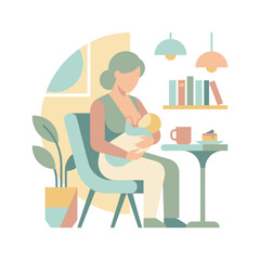 Fototapeta premium Flat vector illustration of a faceless mother breastfeeding her infant baby while sitting in a modern chair at a table with coffee and cake in a minimalist room interior.