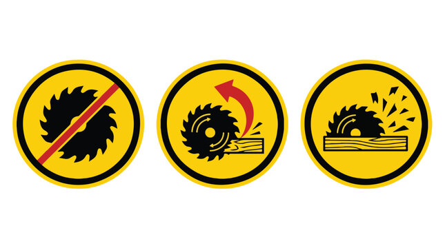 Industrial circular saw safety signs, 3 yellow warning icons for woodworking machinery, workshop hazard labels for power tools and blade kickback prevention