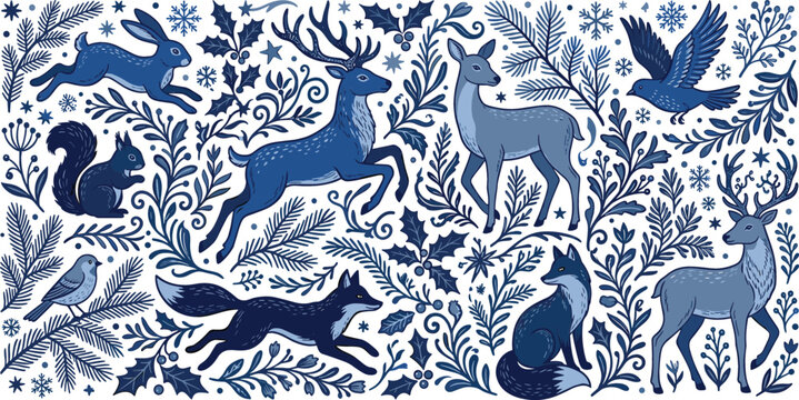 Beautiful Scandinavian winter forest animal vector background featuring a blue monochromatic folk art design with running deer, fox, hare, squirrel, birds, and botanical pine leaves.
