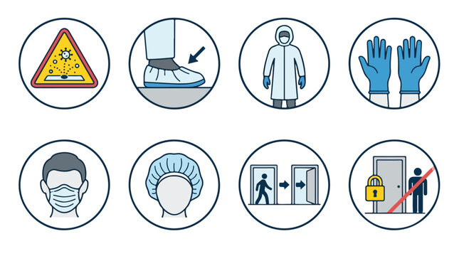 Cleanroom safety icons set, laboratory personal protective equipment symbols, industrial hygiene and sterile environment protocol vector illustrations