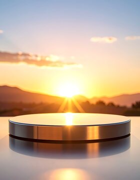 Sunset over metallic podium landscape scene.