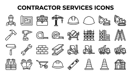 Contractor Services Icons: Construction Tools, Equipment, and Safety Gear Collection © MSTSUFIA