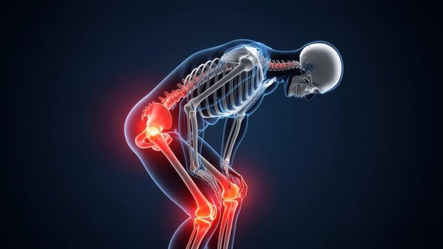 Human skeleton with highlighted joint pain areas in hips and knees showing arthritis and inflammation