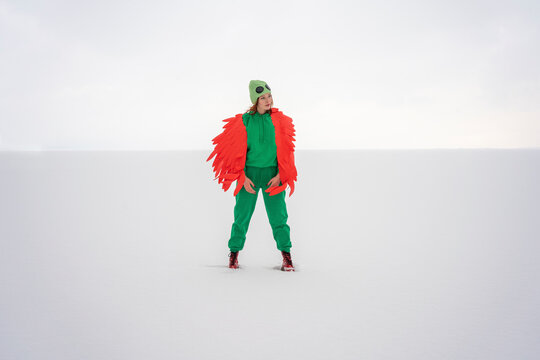 Woman in bird costume looking away while standing on snow against sky