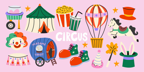Bright circus stickers collection with a tent, clown, hot air balloon, carousel, tarot wagon, popcorn, soda, magic hat and carnival decorations. Funny circus performance vector elements © luamor
