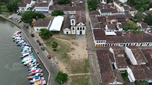 Stunning aerial drone footage of Old Town, Paraty, Brazil