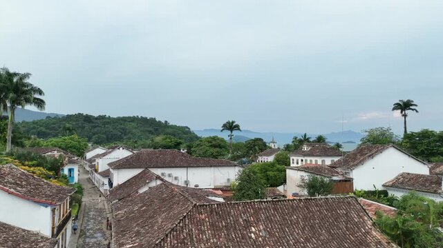 Scenic aerial drone footage of Old Town, Paraty, Brazil