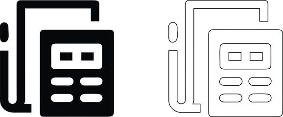 Calculator and document set, showing a handheld device with buttons and a paper sheet in solid black and thin lines © main