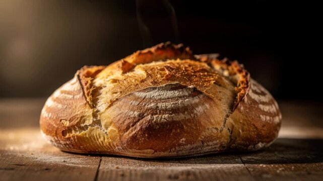Freshly baked artisan rustic sourdough bread loaf with golden crust on wooden surface