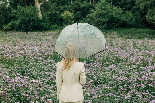 Woman in white suit holds transparent umbrella in phacelia meadow