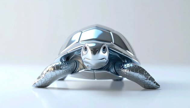 Shiny Futuristic Silver Turtle Facing Forward on Minimal White Surface