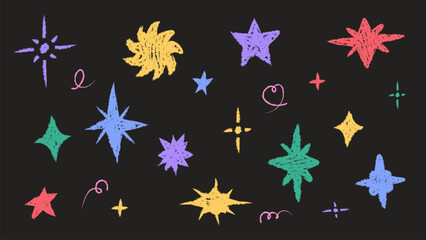 Vector set of multicolored hand drawn chalk sparkles and stars on dark background. Colorful texture doodle elements including shine blink glow bursts hearts and swirls isolated for magic night sky par © Ayaulym