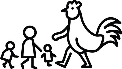 Minimalist vector icon of a giant rooster walking together with stick figure children © Toffzal