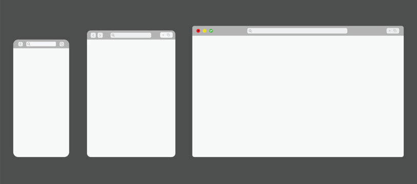 Web Browser Window Mockup, internet Website Page Template For Mobile, Tablet and Desktop Computer or laptop isolated on Transparent Background