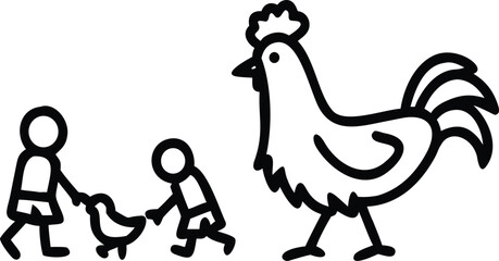 Minimalist vector icon of a giant rooster chasing a scared stick figure © Toffzal