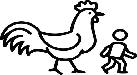 Minimalist vector icon of a giant rooster chasing a scared stick figure © Toffzal