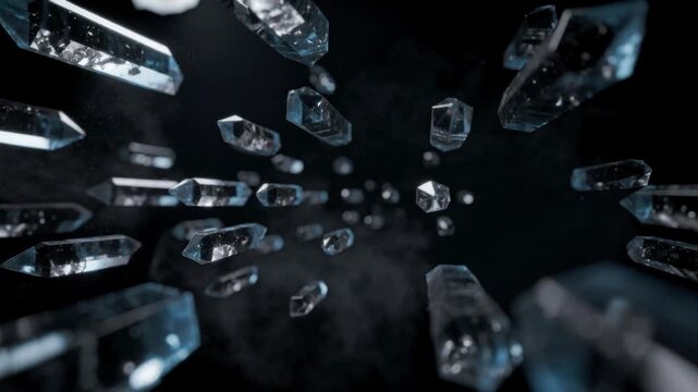 Floating transparent quartz crystals with dark mystical background and glowing light effects