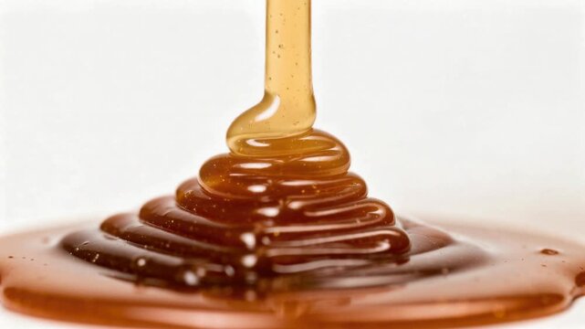 Golden honey syrup pouring and swirling in smooth layers with natural shine and rich texture close up
