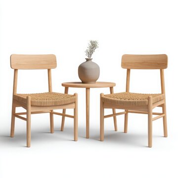 Two wooden chairs are facing each other with a small table in between. 