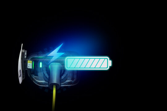 Power cable pump plug in charging power to electric vehicle EV car.
