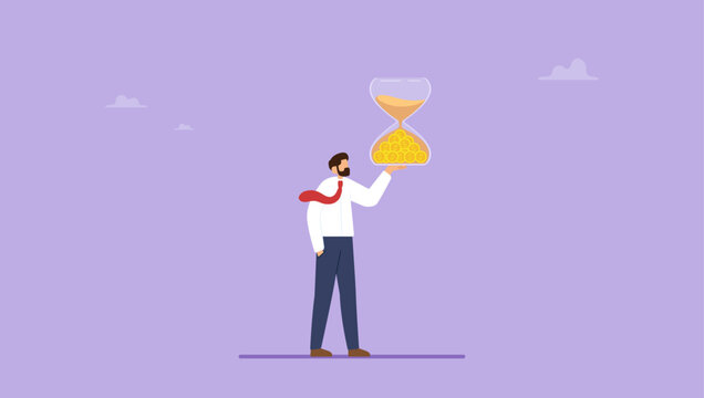 Businessman hand holding hourglass with sand falling to money. Time is money, long term investment to gain profit earning, interest rate return from savings, salary growth or wage increase concept.