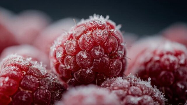 Close up of fresh frozen raspberries with frost and ice crystals on a dark background