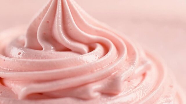 Close up of creamy pink strawberry frosting swirls with smooth texture for dessert decoration