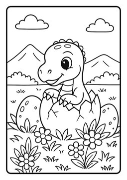 Stegosaurus family coloring page with bold outlines and prehistoric scenery.