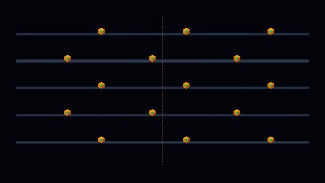 A grid of small orange cubes aligned on horizontal lines against black