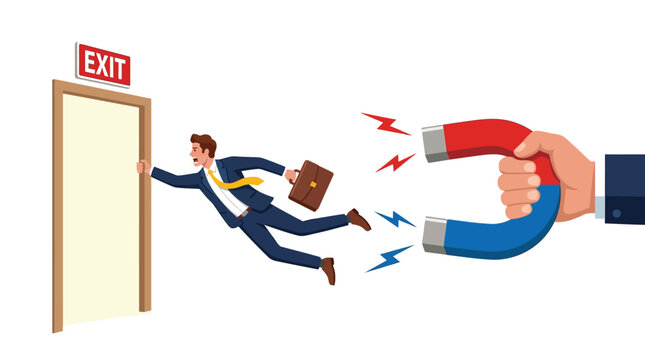 Professional businessman in a suit being pulled away from an exit door by giant magnet