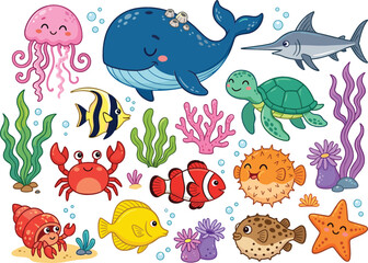Naklejka premium Cute under the sea animal vector illustration set featuring a blue whale, sea turtle, jellyfish, crab, clownfish, pufferfish, shark, starfish, and coral isolated on a white background.