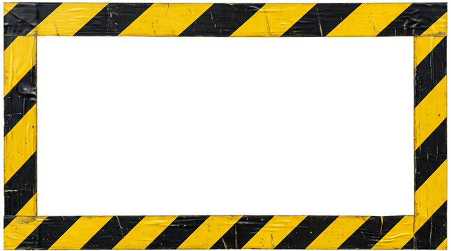 Yellow and black diagonal warning stripe tape border with realistic adhesive texture, industrial safety caution design, clean straight strip, isolated on transparent background, PNG