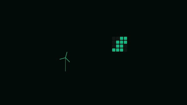 Minimalist green wind turbine icon with a pixelated square block formation